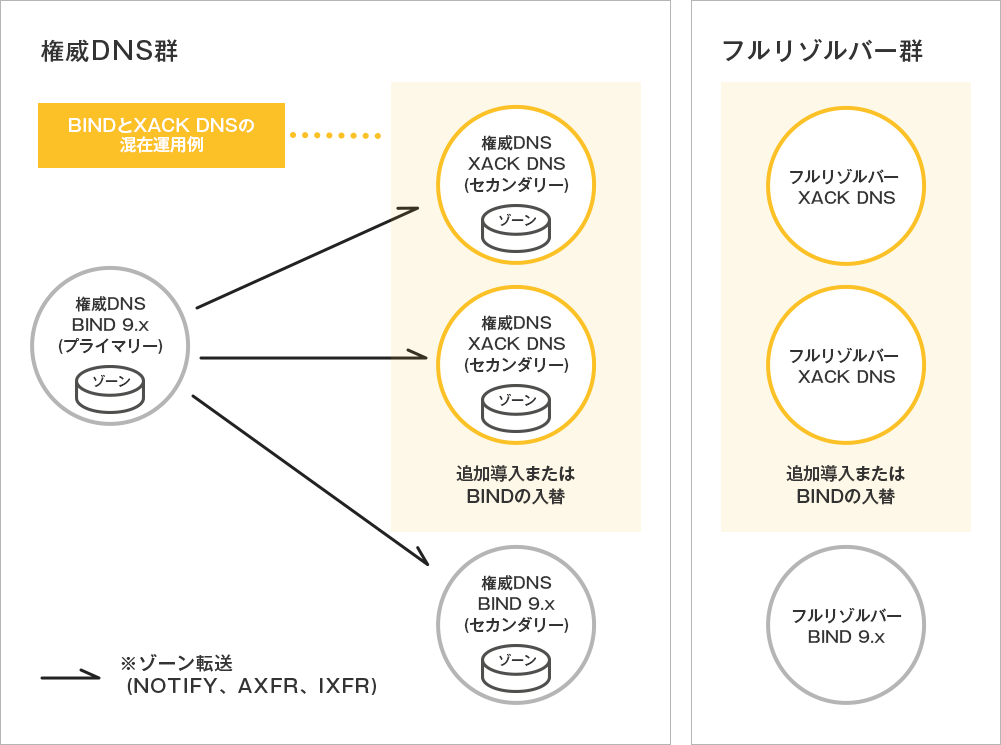 多様性の権威DNS群とフルリゾルバー群の図解